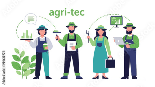 Agri-tech Innovation: A visionary illustration showcases individuals immersed in the world of agricultural technology, each contributing unique skills. The scene is brimming with innovation.