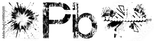 Distressed halftone Pb symbol, atomic notation, chemical element, scientific typography, gritty vector graphic, scientific, black and white, academic design.