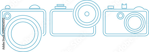 Camera with thin blue outlines, elegant cameras with lenses, vector icons