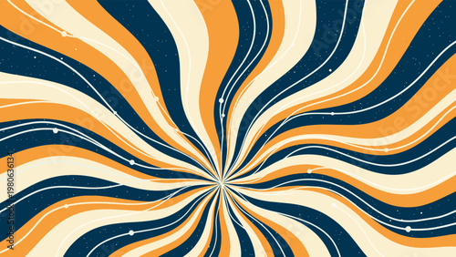 Retro sunburst design features radiating wavy lines in dark blue orange and cream colors with a subtle starry texture.
