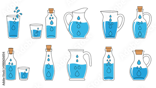 Icons of glass bottles jugs and cups partially filled with blue water show droplets falling into the containers.