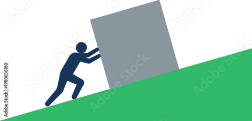 Person pushing large block up a green hill in landscape