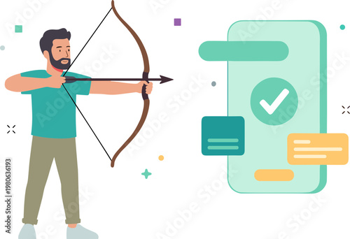 Man aims bow and arrow at mobile phone screen with checkmark