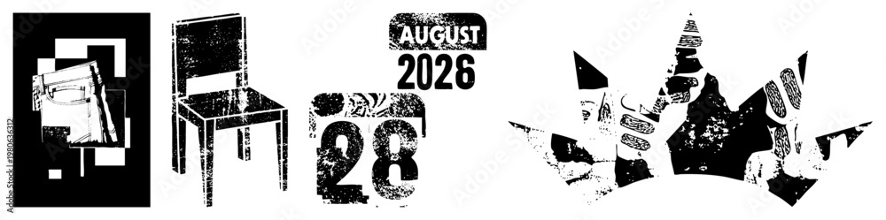 Obraz premium Vector art collage featuring stylized chair, August 2026 date, and fragmented crown,, distressed texture, graphic design elements.