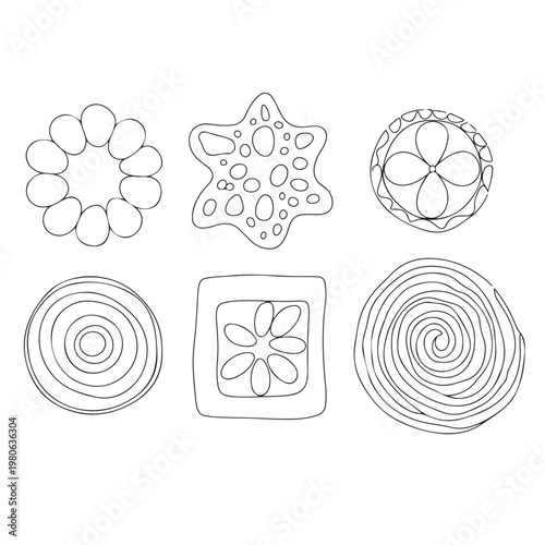 Hand-Drawn Set of Minimalist Floral and Geometric Ornaments for Coloring. Collection of Simple Mandala-Style Vector Illustrations for Adult and Kids Activity Pages.