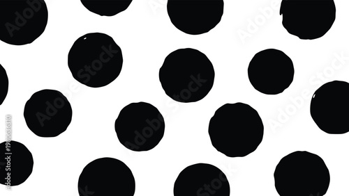 Classic polka dot pattern features large black hand-drawn circles arranged in a regular grid on a white background.