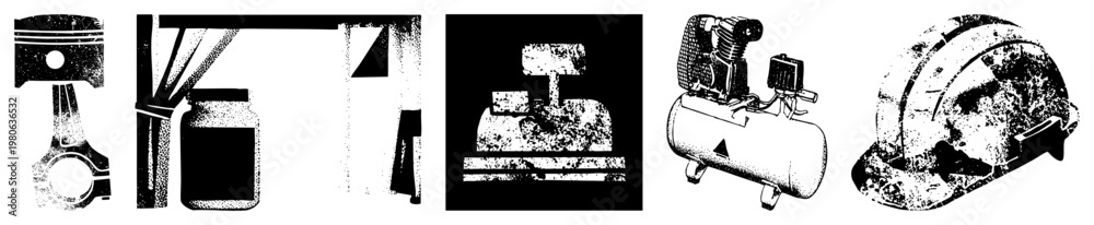 Fototapeta premium Mechanical piston engine part, air compressor unit, safety helmet gear, industrial equipment, halftone vector graphics, machinery symbols.