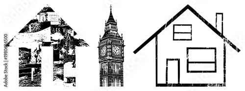 Big Ben clock tower and reinterpreted as stylized house, urban architecture, graphic design, vector art, cityscape motifs.
