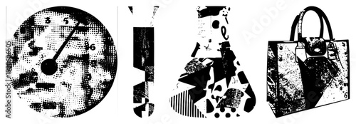 Black and white graphic art featuring fragmented shapes, halftone, and bold contrasts, ideal for modern design or layouts.