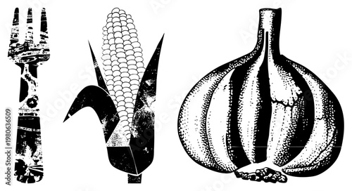 Retro stylized food featuring fork, ear of corn, and garlic bulb with halftone texture, graphic design elements, culinary symbols, vector art, rustic kitchen motifs.