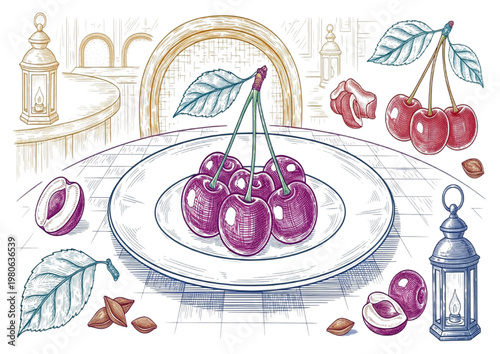 Artistic Hand-Drawn Illustration of Fresh Cherries on a Plate with Rustic Cafe Setting