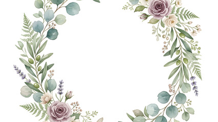 Watercolor botanical wreath frame with eucalyptus and roses on white