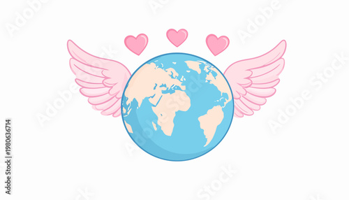A charming animated depiction of the planet Earth, featuring elegant pink wings and tender hearts, symbolizing global peace, ecological well-being, and universal affection