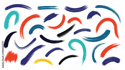 Diverse collection of expressive brush strokes in various colors and shapes is displayed to show artistic texture and movement on white.