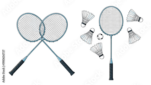Two crossed badminton rackets and a single racket with several shuttlecocks and a ball are illustrated in a detailed hand-drawn style.