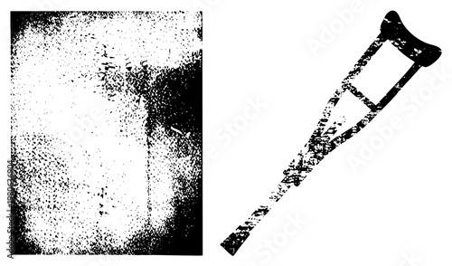 Black and white halftone portrait with grainy texture, paired with a distressed crutch graphic, both rendered in vector style with gritty texture and isolated foreground.