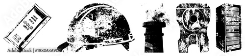 Vector silhouettes of industrial assets gold bullion, construction helmet, smokestack, engine part, server rack gritty, textured,.