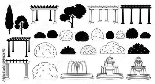 landscape, architecture Ancient Architecture Icons, Roman Columns, Trees, Landmarks isolated on White Background park, garden, vector