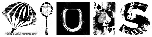 Stylized black and white grunge parachute, ceiling fan, airplane window, playing card, letter S. Textured, distressed, vector symbols.