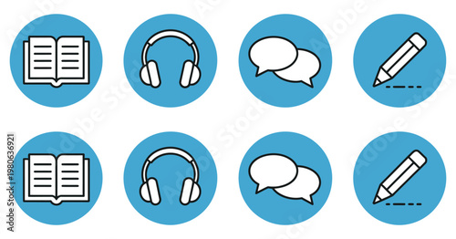 Blue Education Communication Icons Reading Listening Speaking Writing Learning Skills Academic Development Study Vector Illustration Collection Isolated Background