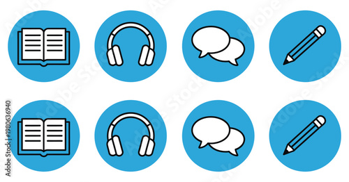 Blue Education Communication Icons Reading Listening Speaking Writing Learning Skills Academic Development Study Vector Illustration Set Isolated Background