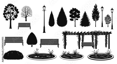 landscape, architecture Park Icons, Garden Elements, Tree Silhouettes, Park Bench isolated on White Background park, garden, vector