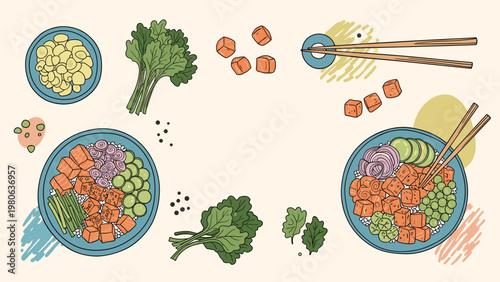 Overhead view of healthy poke bowls with various ingredients like fish, rice, and vegetables is shown in a charming hand-drawn illustration.