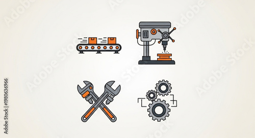 Industrial equipment and tools icons for manufacturing and production.