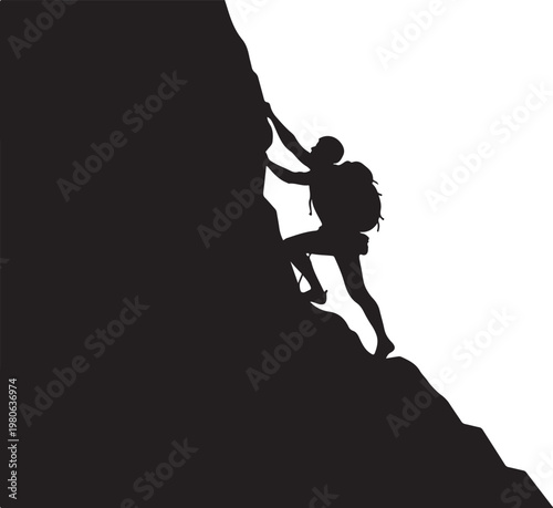 Silhouette of person climbing a steep cliff face climber