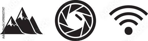 Black icons of mountain, camera lens, and WiFi signal, vector graphics