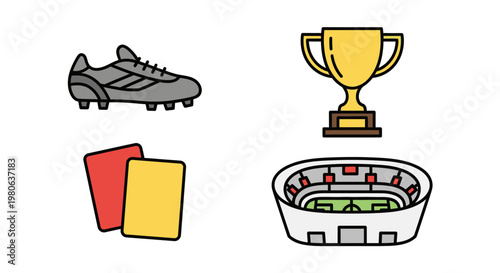Football game elements set with boot trophy cards and stadium.