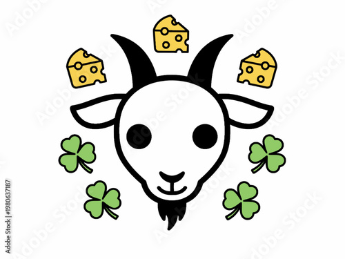 Goat head illustration with cheese slices and green clovers