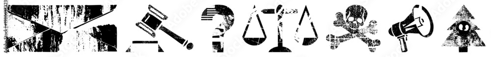 Fototapeta premium Graphic symbols including scales, gavel, skull, megaphone, question mark, tree, and abstract shapes, distressed texture, vector flat design, legal and protest themes.