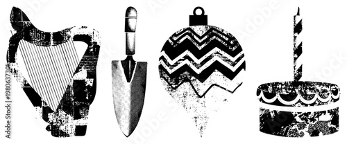 Grunge styled black and white vector harp, trowel, zigzag ornament, birthday cake with candle. Textured halftone, isolated cutout symbols.