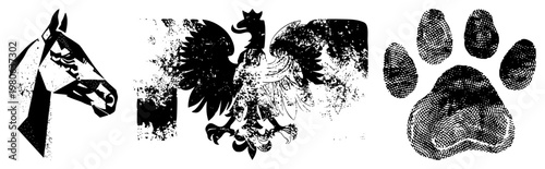 Stylized horse profile with angular shapes, eagle with spread wings, textured paw print all in vector art, ideal for logos or graphic design projects.