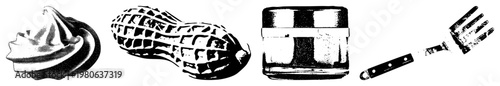 Whipped cream swirl, peanut texture, spread jar with lid, spatula tool, isolated food items, halftone vector graphics, culinary.