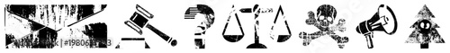 Graphic symbols including scales, gavel, skull, megaphone, question mark, tree, and abstract shapes, distressed texture, vector flat design, legal and protest themes.