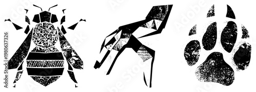 Abstract animal motifs rendered in angular, including bee, wolf, and paw print, styled as distressed vector graphics. Ideal for eco, wildlife, or tattoo designs.