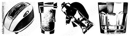 Black and white halftone vector set featuring kitchen appliances and drinkware, minimalist design, isolated objects, clean, graphic art.