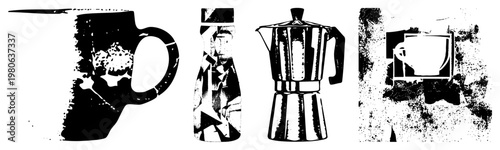 Retro coffee mug with froth, glass bottle, Moka pot, cup in frame, distressed halftone style, vector art, isolated elements, beverage.