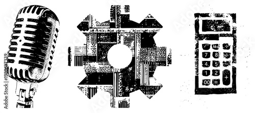 Classic microphone with grille, abstract mechanical gear with central hole, retro calculator with buttons vector set for design. Also called mic, cogwheel graphic, old school calc.