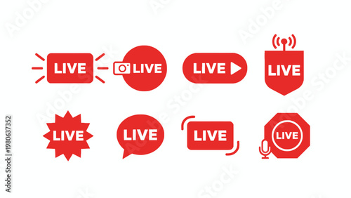 Red Live Stream Icon Set for Broadcasting and Social Media