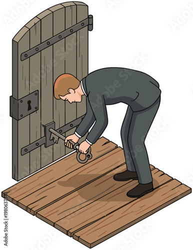 Man unlocking old wooden door on a wooden floor