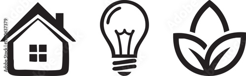 Eco friendly home icons, sustainable living symbols, house, light bulb, leaf vector graphics
