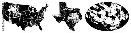 Vector map of United with borders and Texas silhouette, both featuring fragmented halftone noise texture, abstract digital glitch effect, geographic data visualization.