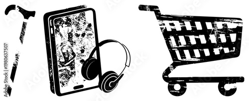 Digital shopping including phone, headphones, and cart, stylized for e commerce, mobile retail,, digital storefront, interface.