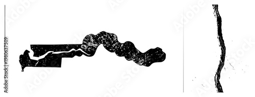 Stylized black vector shape resembling flowing river or smoke trail, textured with grainy effect, isolated graphic element, art deco abstract, modern minimalist design.