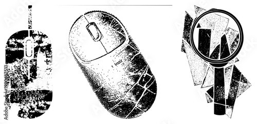 Retro mice in halftone, distressed textures, abstract magnifying glass with geometric vector, tech nostalgia aesthetic.