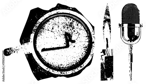 Retro film camera, classic microphone, vintage fountain pen, analog recording gear, studio equipment, black and white halftone, artistic vector illustration.