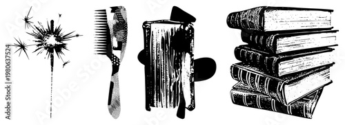 Black and white vector illustrations of a sparkler, comb, single book, and stacked books with halftone textures and inked.